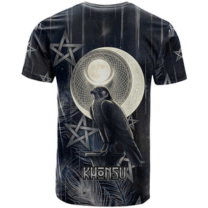 Khonsu T shirt Ancient Egyptian Dark Feather Pattern, Moonlit Raven Symbol, and Eye Lotus - African Pride