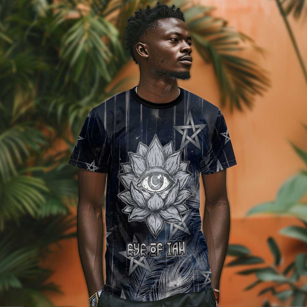 Khonsu T shirt Ancient Egyptian Dark Feather Pattern, Moonlit Raven Symbol, and Eye Lotus - African Pride