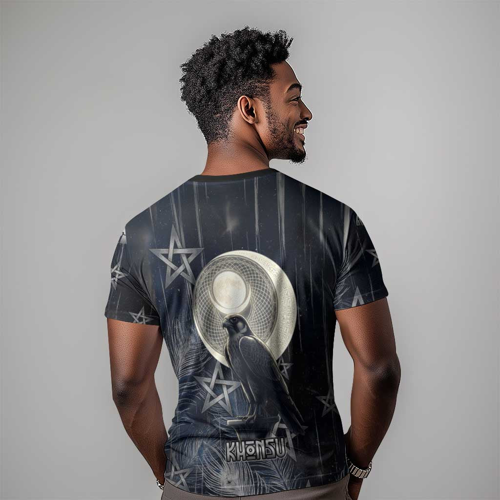 Khonsu T shirt Ancient Egyptian Dark Feather Pattern, Moonlit Raven Symbol, and Eye Lotus - African Pride