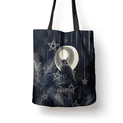 Khonsu Tote Bag Ancient Egyptian Dark Feather Pattern, Moonlit Raven Symbol, and Eye Lotus - African Pride