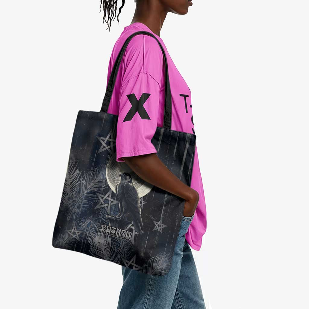 Khonsu Tote Bag Ancient Egyptian Dark Feather Pattern, Moonlit Raven Symbol, and Eye Lotus - African Pride