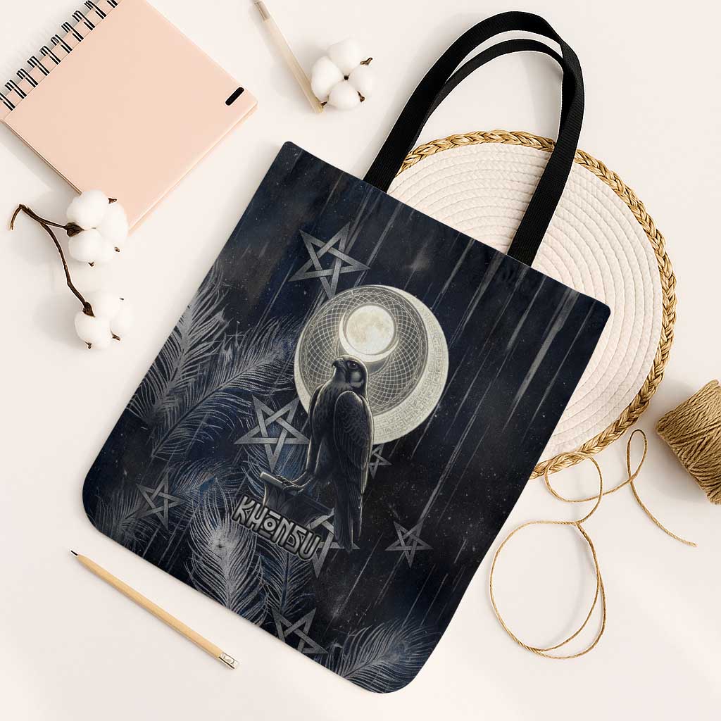 Khonsu Tote Bag Ancient Egyptian Dark Feather Pattern, Moonlit Raven Symbol, and Eye Lotus - African Pride