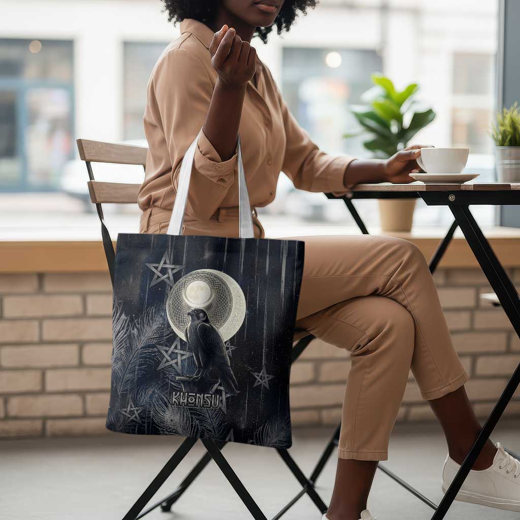 Khonsu Tote Bag Ancient Egyptian Dark Feather Pattern, Moonlit Raven Symbol, and Eye Lotus - African Pride