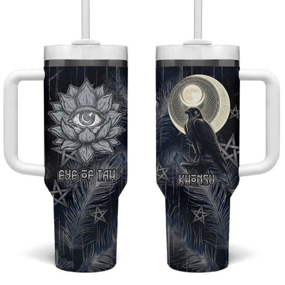 Khonsu Tumbler With Handle Ancient Egyptian Dark Feather Pattern, Moonlit Raven Symbol, and Eye Lotus - African Pride
