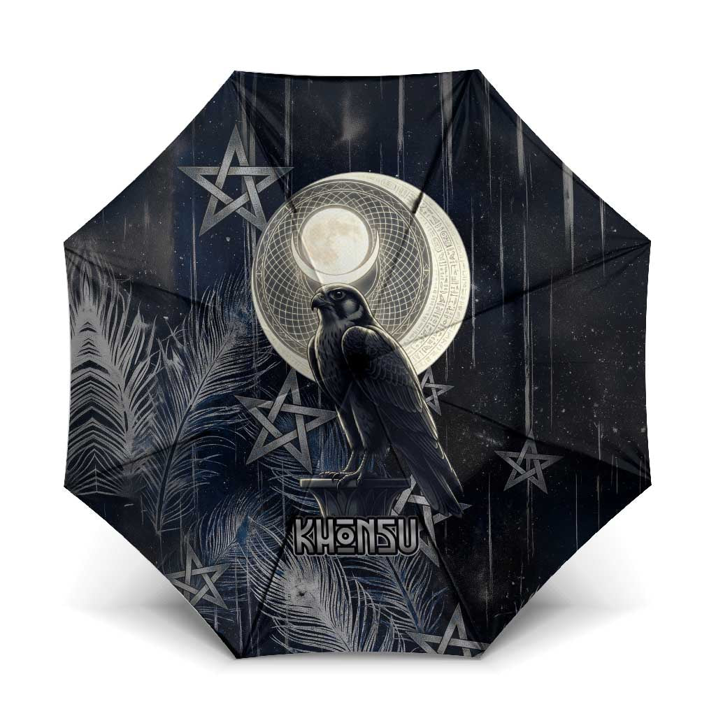 Khonsu Umbrella Ancient Egyptian Dark Feather Pattern, Moonlit Raven Symbol, and Eye Lotus - African Pride