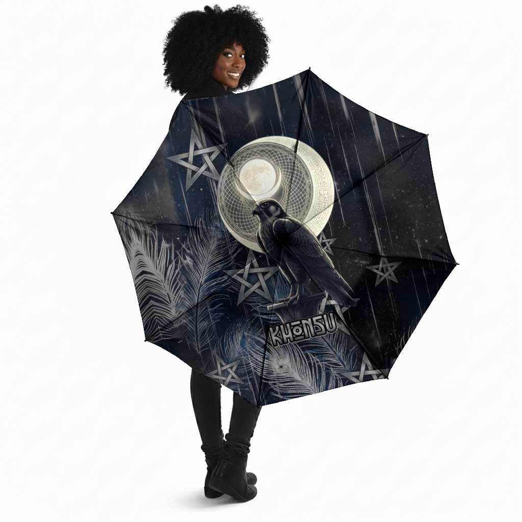Khonsu Umbrella Ancient Egyptian Dark Feather Pattern, Moonlit Raven Symbol, and Eye Lotus - African Pride