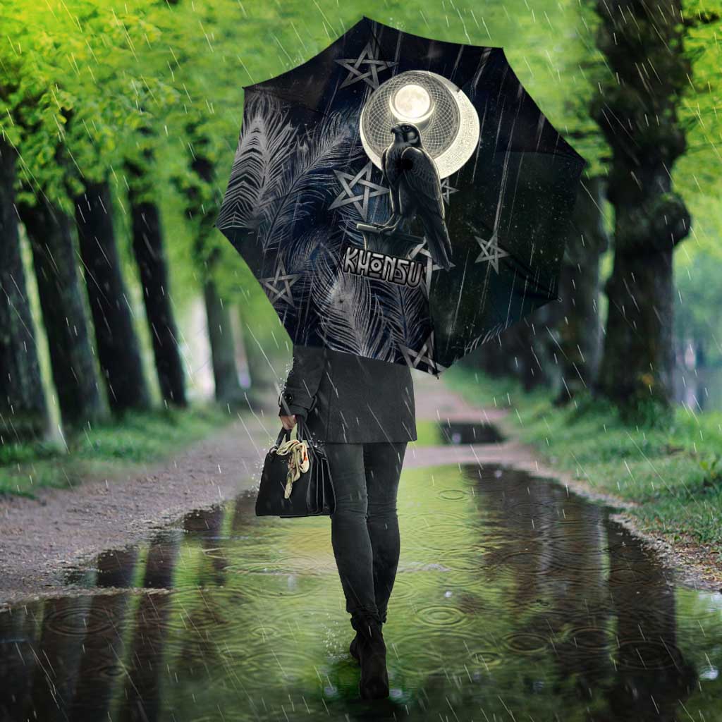 Khonsu Umbrella Ancient Egyptian Dark Feather Pattern, Moonlit Raven Symbol, and Eye Lotus - African Pride