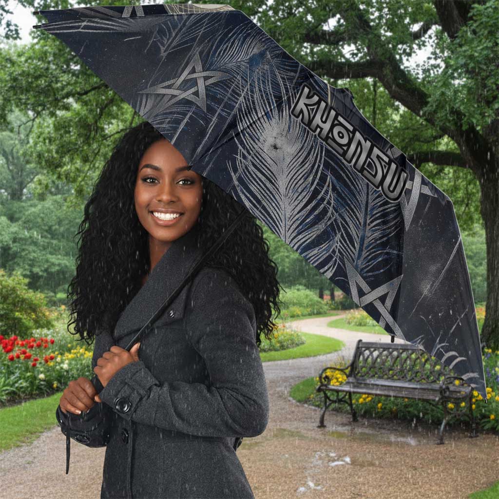 Khonsu Umbrella Ancient Egyptian Dark Feather Pattern, Moonlit Raven Symbol, and Eye Lotus - African Pride