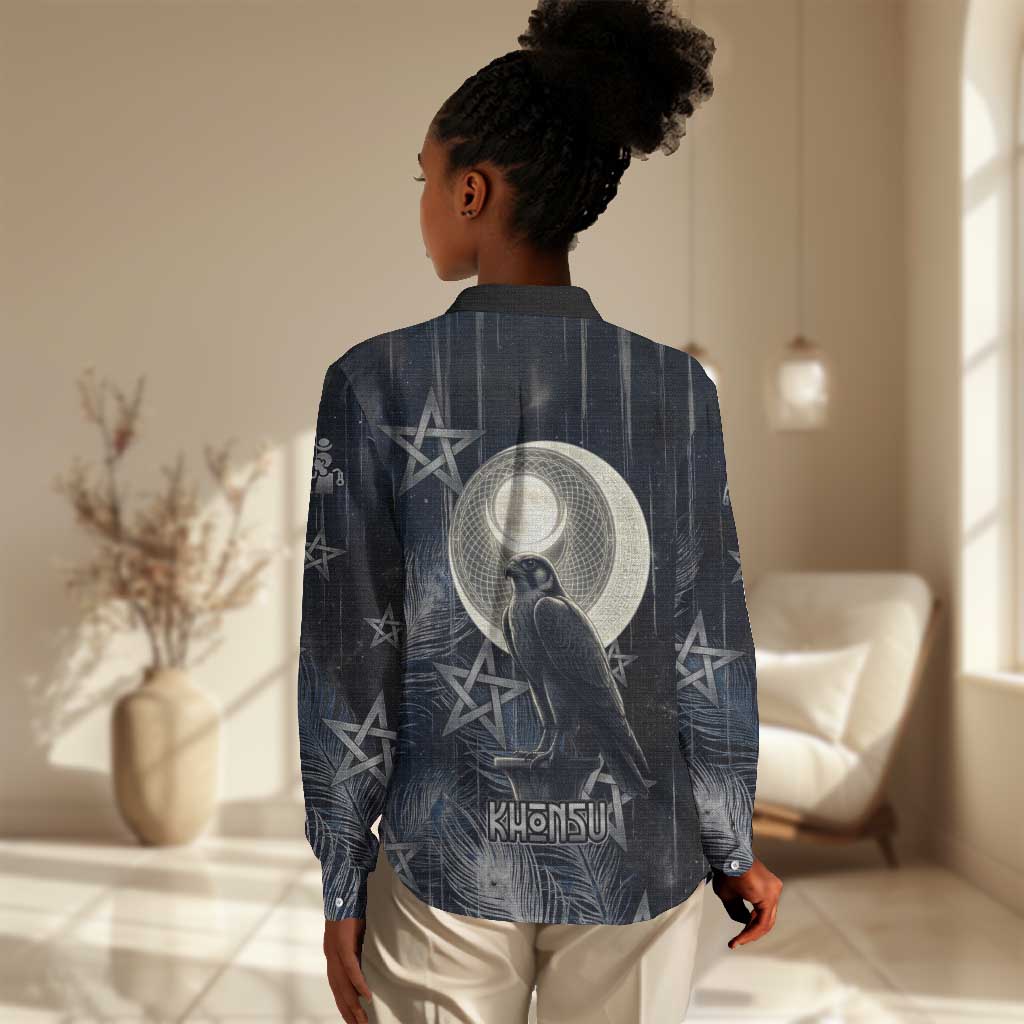 Khonsu Women Casual Shirt Ancient Egyptian Dark Feather Pattern, Moonlit Raven Symbol, and Eye Lotus - African Pride