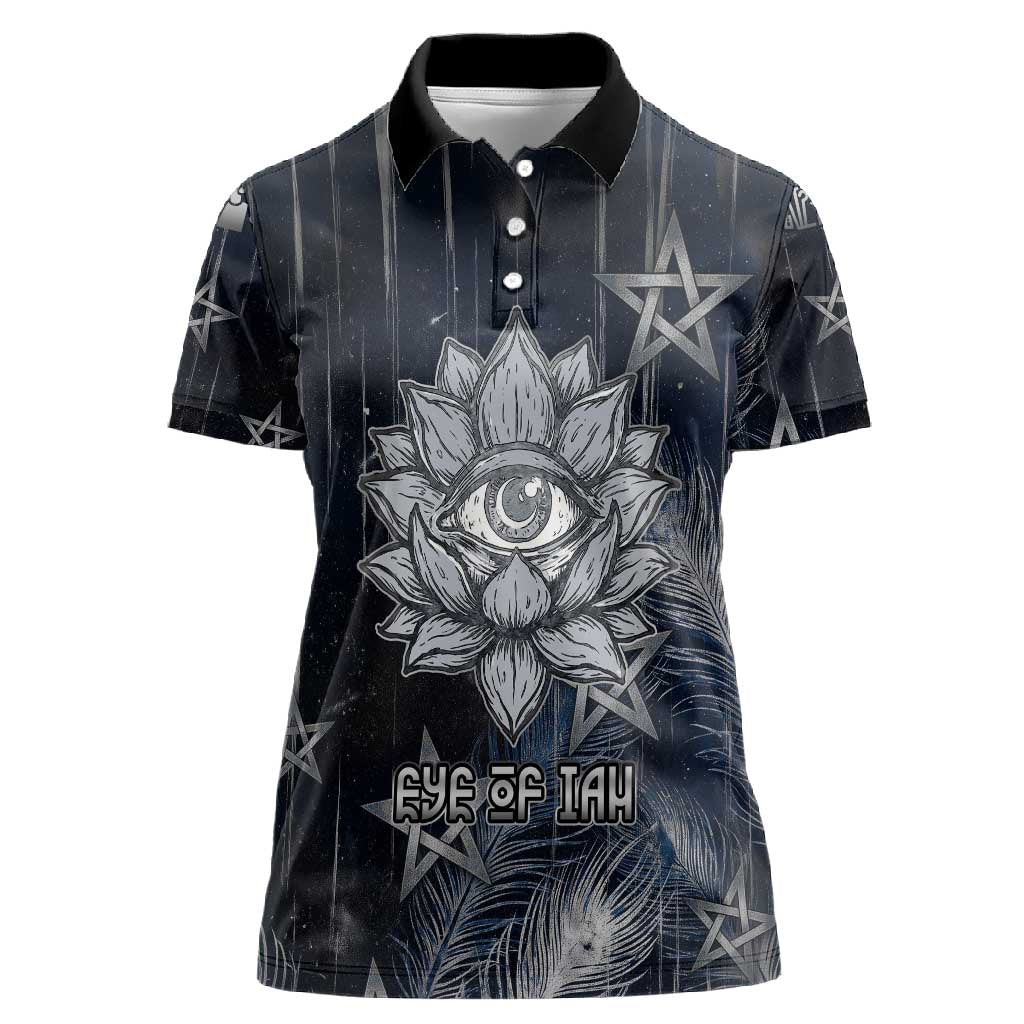 Khonsu Women Polo Shirt Ancient Egyptian Dark Feather Pattern, Moonlit Raven Symbol, and Eye Lotus - African Pride