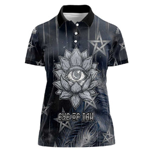 Khonsu Women Polo Shirt Ancient Egyptian Dark Feather Pattern, Moonlit Raven Symbol, and Eye Lotus - African Pride