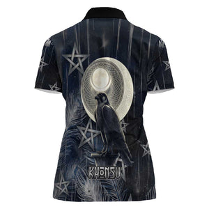 Khonsu Women Polo Shirt Ancient Egyptian Dark Feather Pattern, Moonlit Raven Symbol, and Eye Lotus - African Pride
