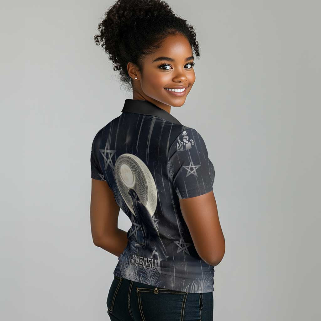 Khonsu Women Polo Shirt Ancient Egyptian Dark Feather Pattern, Moonlit Raven Symbol, and Eye Lotus - African Pride