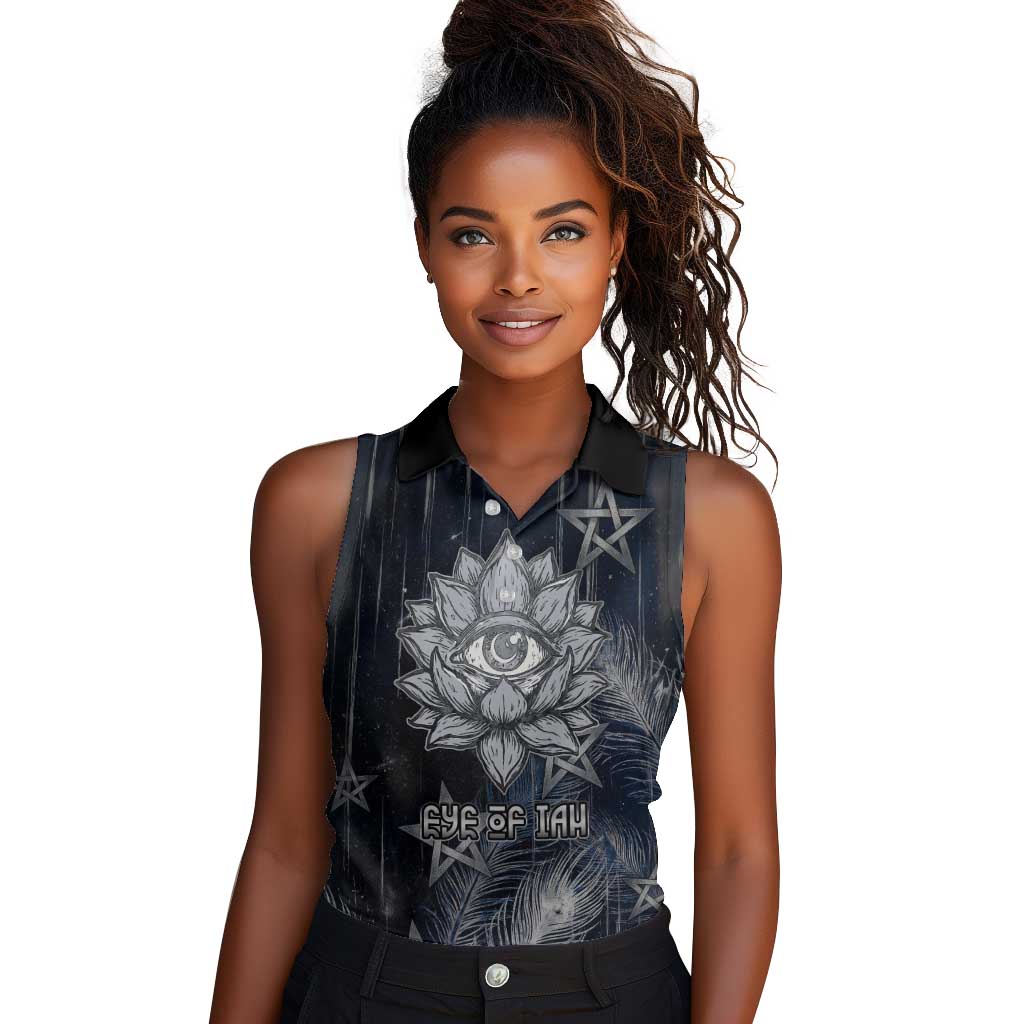 Khonsu Women Sleeveless Polo Shirt Ancient Egyptian Dark Feather Pattern, Moonlit Raven Symbol, and Eye Lotus - African Pride
