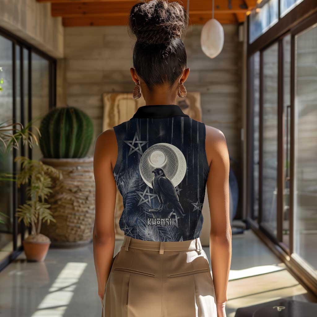 Khonsu Women Sleeveless Polo Shirt Ancient Egyptian Dark Feather Pattern, Moonlit Raven Symbol, and Eye Lotus - African Pride