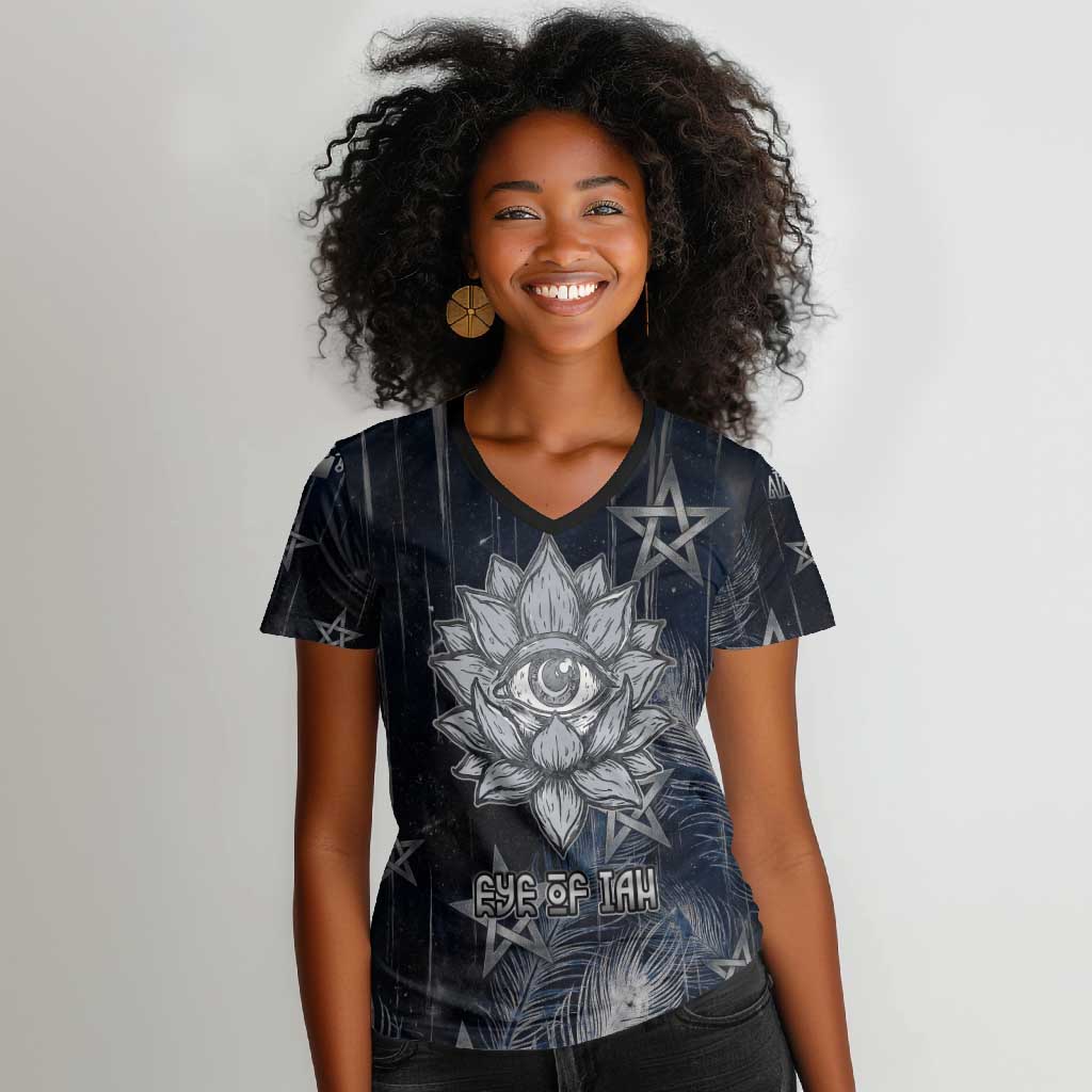 Khonsu Women V-Neck T-Shirt Ancient Egyptian Dark Feather Pattern, Moonlit Raven Symbol, and Eye Lotus - African Pride