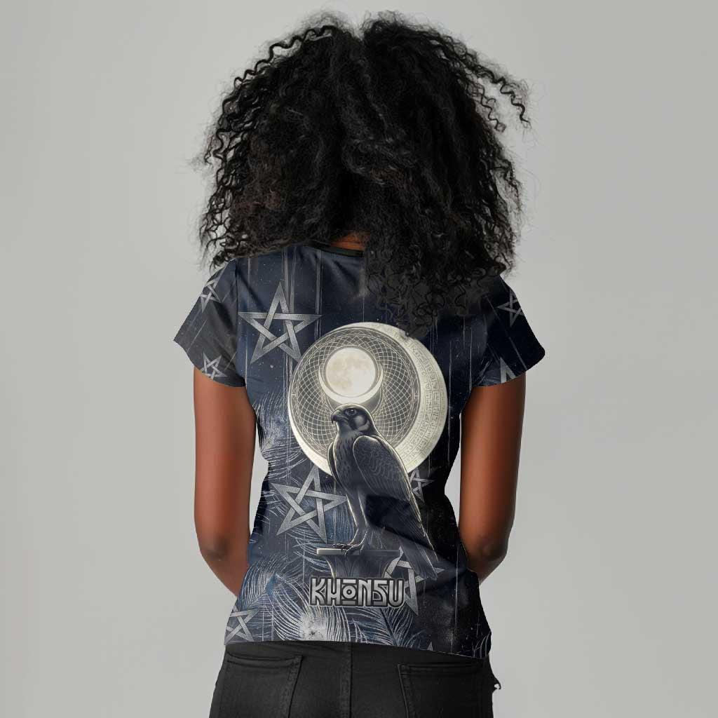 Khonsu Women V-Neck T-Shirt Ancient Egyptian Dark Feather Pattern, Moonlit Raven Symbol, and Eye Lotus - African Pride