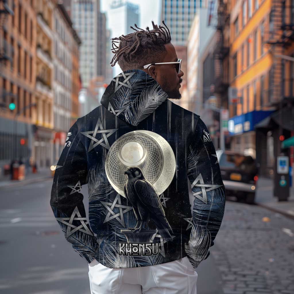 Khonsu Zip Hoodie Ancient Egyptian Dark Feather Pattern, Moonlit Raven Symbol, and Eye Lotus - African Pride