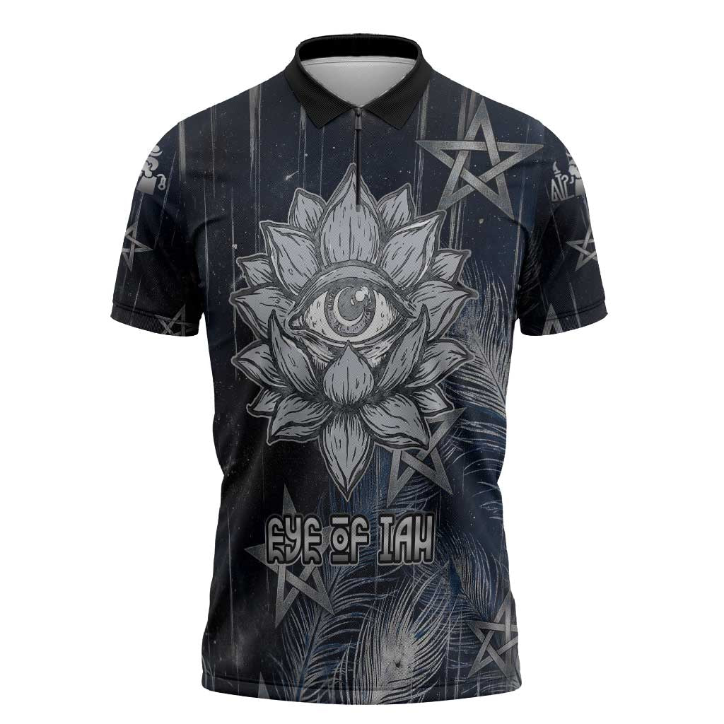 Khonsu Zipper Polo Shirt Ancient Egyptian Dark Feather Pattern, Moonlit Raven Symbol, and Eye Lotus - African Pride