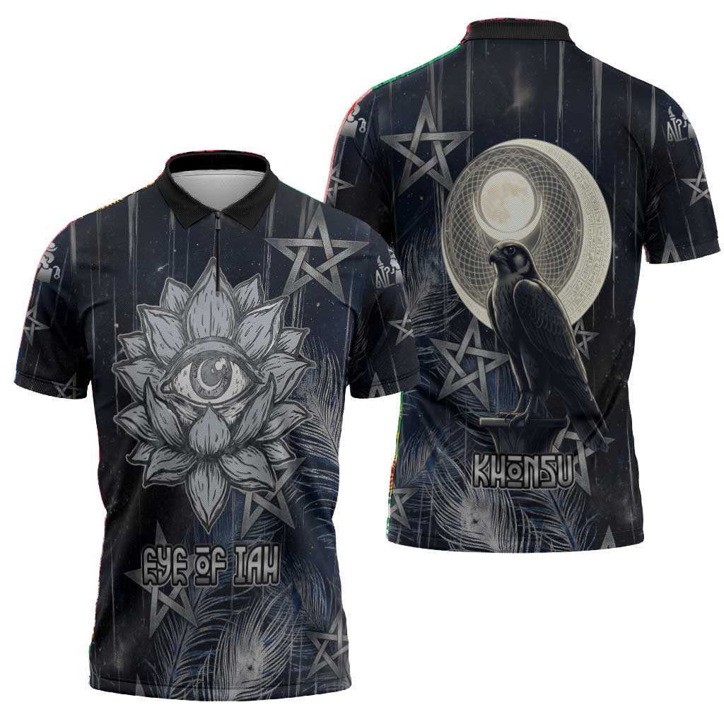 Khonsu Zipper Polo Shirt Ancient Egyptian Dark Feather Pattern, Moonlit Raven Symbol, and Eye Lotus - African Pride