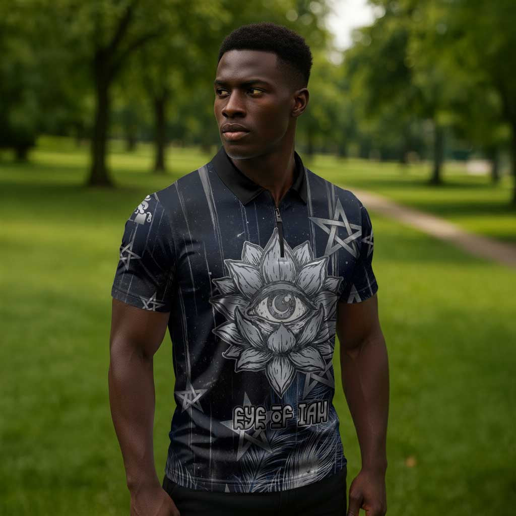 Khonsu Zipper Polo Shirt Ancient Egyptian Dark Feather Pattern, Moonlit Raven Symbol, and Eye Lotus - African Pride