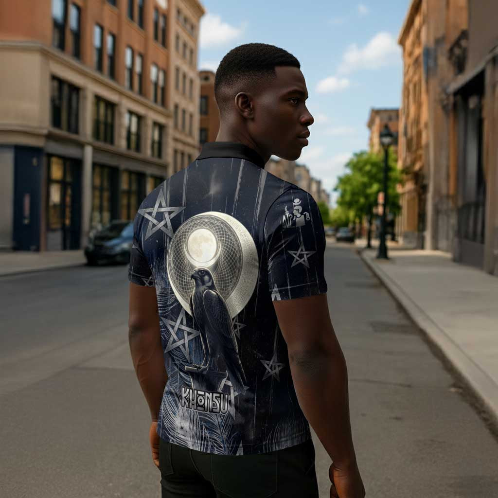 Khonsu Zipper Polo Shirt Ancient Egyptian Dark Feather Pattern, Moonlit Raven Symbol, and Eye Lotus - African Pride