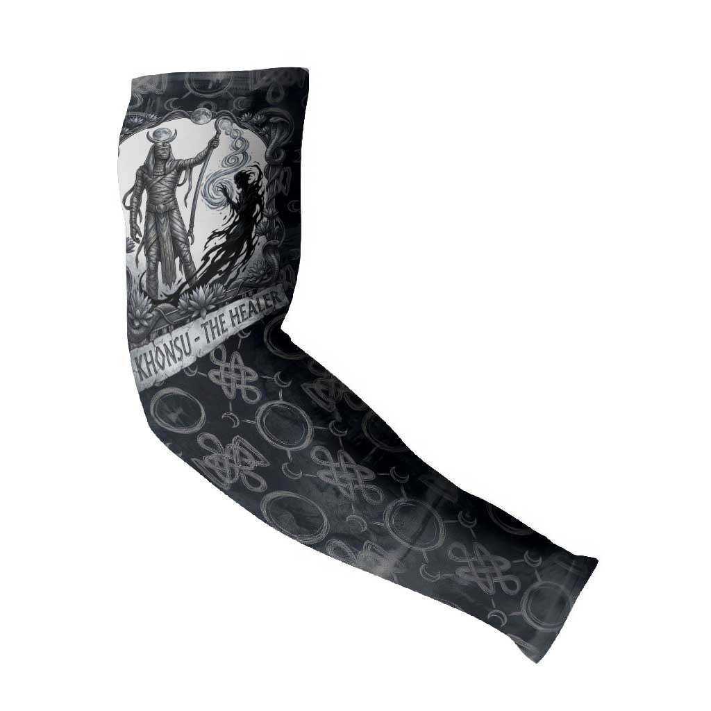 Khonsu Ancient Egyptian Arm Sleeves with Dark Celtic Knot Pattern, Baboon Guardian Symbol, and Moon Healer Motif - African Pride