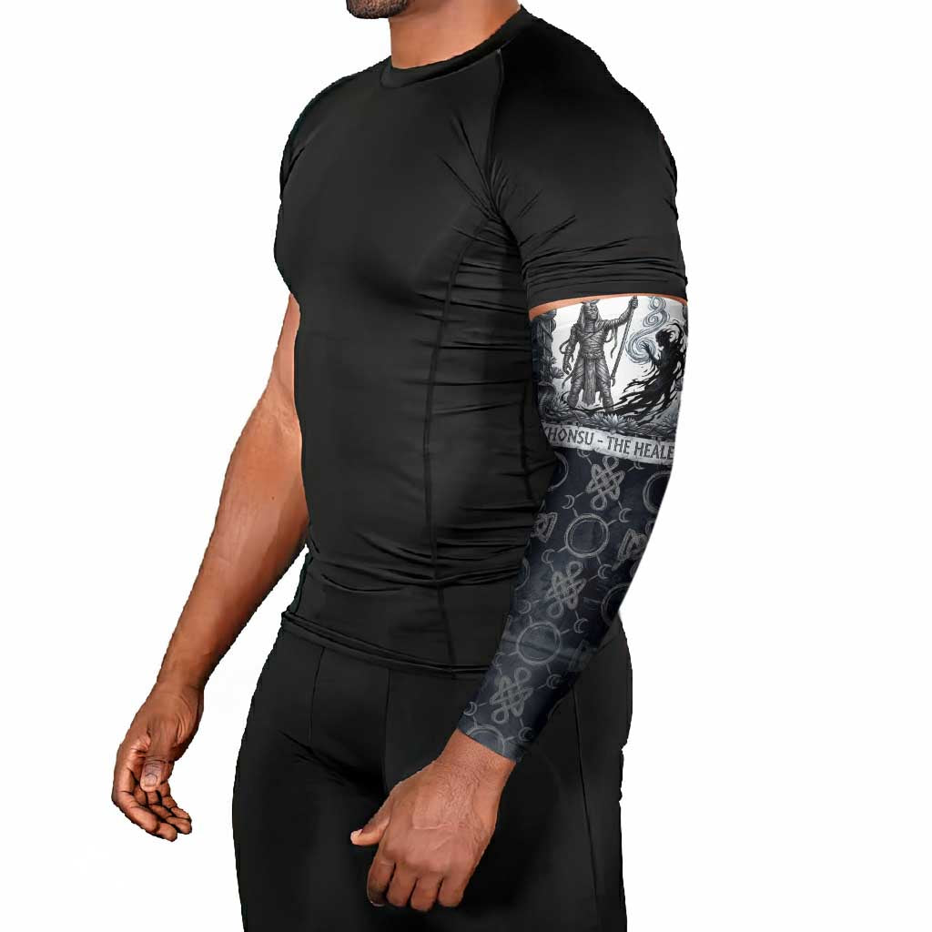 Khonsu Ancient Egyptian Arm Sleeves with Dark Celtic Knot Pattern, Baboon Guardian Symbol, and Moon Healer Motif - African Pride