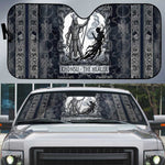 Khonsu Ancient Egyptian Auto Sun Shade with Dark Celtic Knot Pattern, Baboon Guardian Symbol, and Moon Healer Motif - African Pride