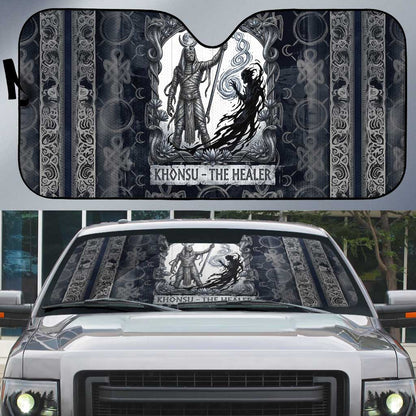 Khonsu Ancient Egyptian Auto Sun Shade with Dark Celtic Knot Pattern, Baboon Guardian Symbol, and Moon Healer Motif - African Pride