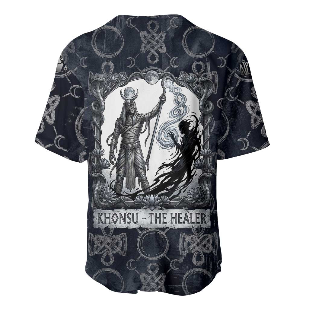 Khonsu Ancient Egyptian Baseball Jersey with Dark Celtic Knot Pattern, Baboon Guardian Symbol, and Moon Healer Motif - African Pride