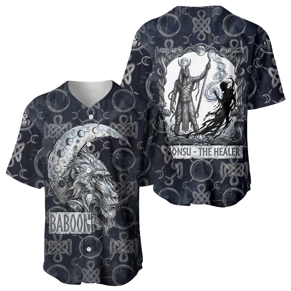 Khonsu Ancient Egyptian Baseball Jersey with Dark Celtic Knot Pattern, Baboon Guardian Symbol, and Moon Healer Motif - African Pride
