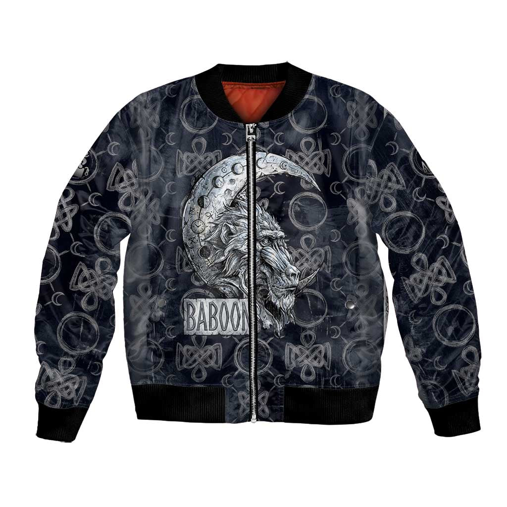 Khonsu Ancient Egyptian Bomber Jacket with Dark Celtic Knot Pattern, Baboon Guardian Symbol, and Moon Healer Motif - African Pride