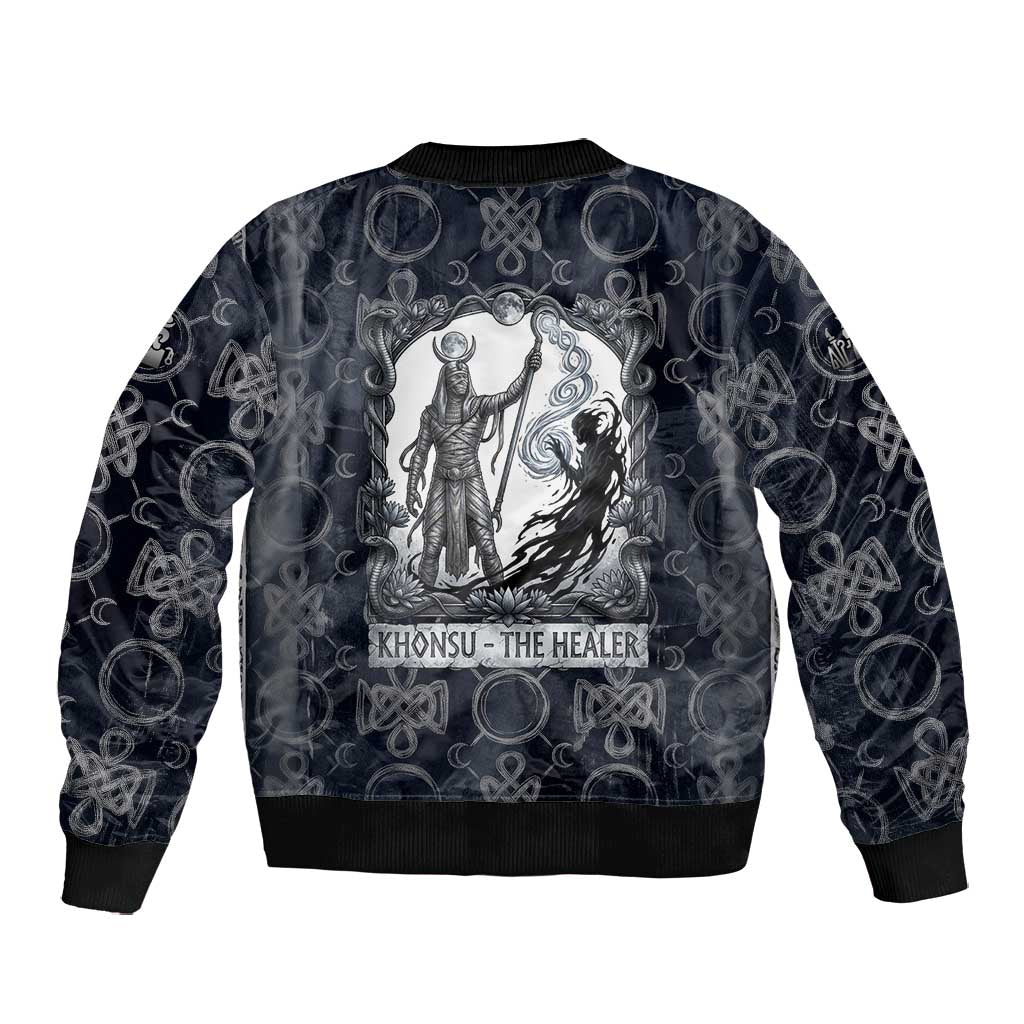 Khonsu Ancient Egyptian Bomber Jacket with Dark Celtic Knot Pattern, Baboon Guardian Symbol, and Moon Healer Motif - African Pride