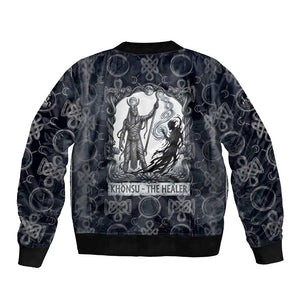 Khonsu Ancient Egyptian Bomber Jacket with Dark Celtic Knot Pattern, Baboon Guardian Symbol, and Moon Healer Motif - African Pride