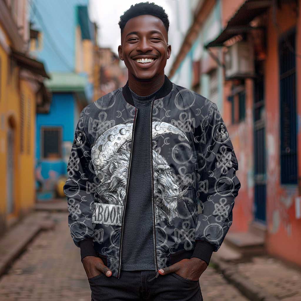 Khonsu Ancient Egyptian Bomber Jacket with Dark Celtic Knot Pattern, Baboon Guardian Symbol, and Moon Healer Motif - African Pride