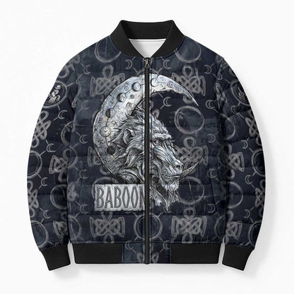 Khonsu Ancient Egyptian Bomber Puffer Jacket with Dark Celtic Knot Pattern, Baboon Guardian Symbol, and Moon Healer Motif - African Pride
