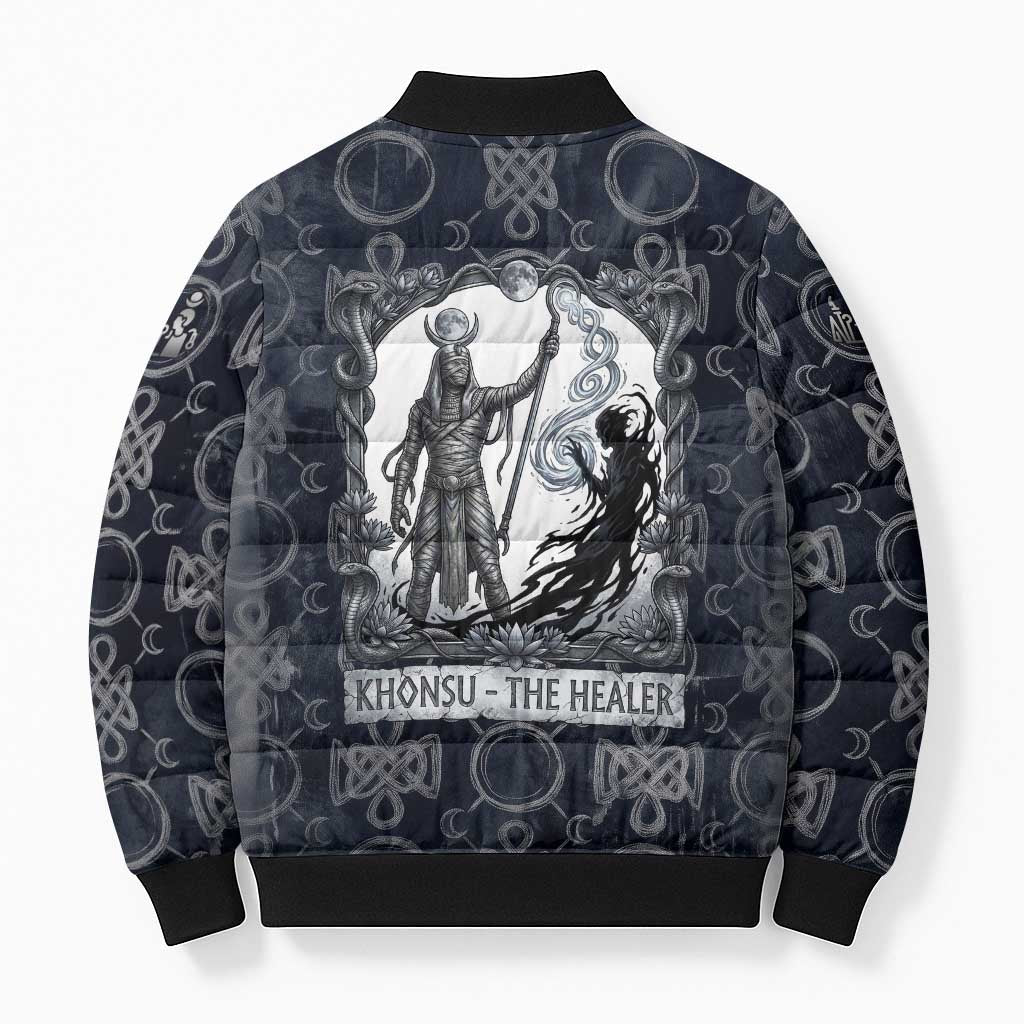 Khonsu Ancient Egyptian Bomber Puffer Jacket with Dark Celtic Knot Pattern, Baboon Guardian Symbol, and Moon Healer Motif - African Pride