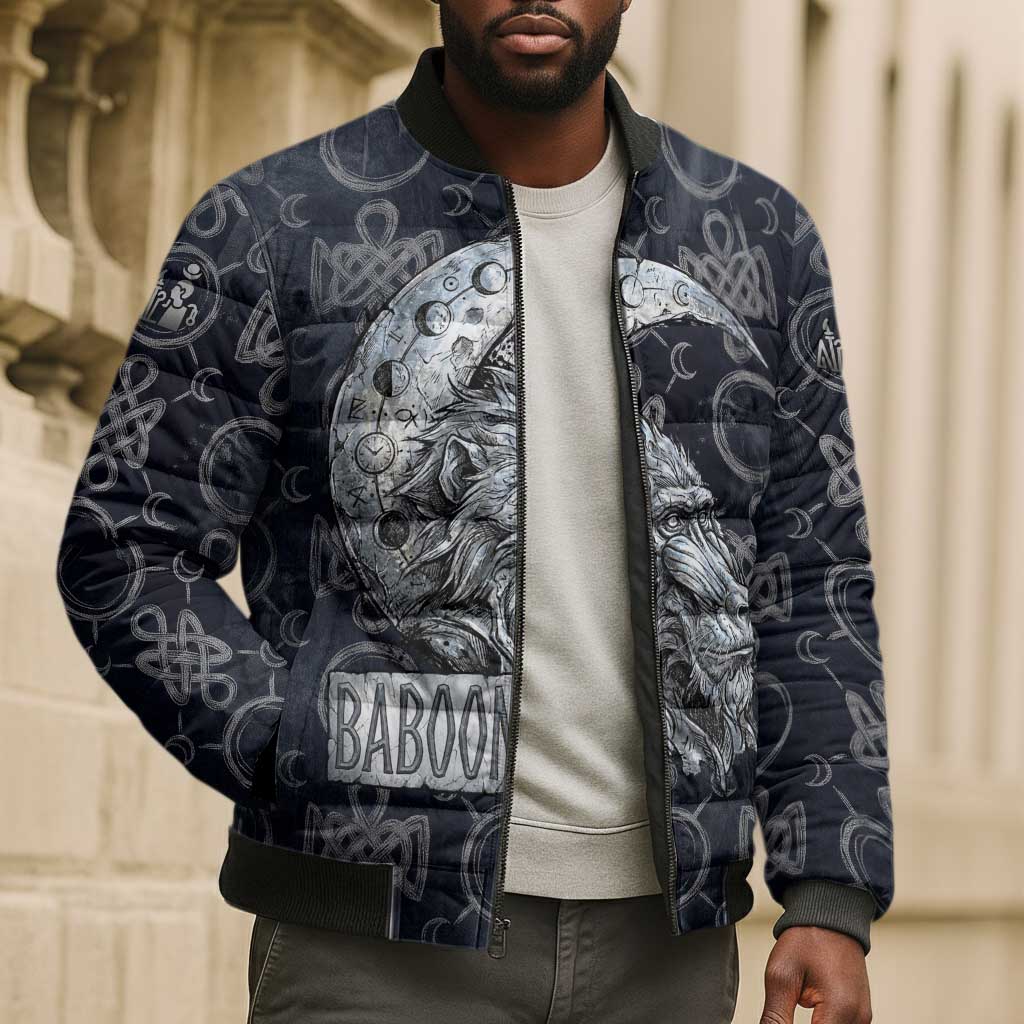 Khonsu Ancient Egyptian Bomber Puffer Jacket with Dark Celtic Knot Pattern, Baboon Guardian Symbol, and Moon Healer Motif - African Pride