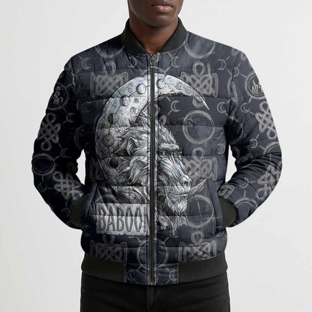 Khonsu Ancient Egyptian Bomber Puffer Jacket with Dark Celtic Knot Pattern, Baboon Guardian Symbol, and Moon Healer Motif - African Pride