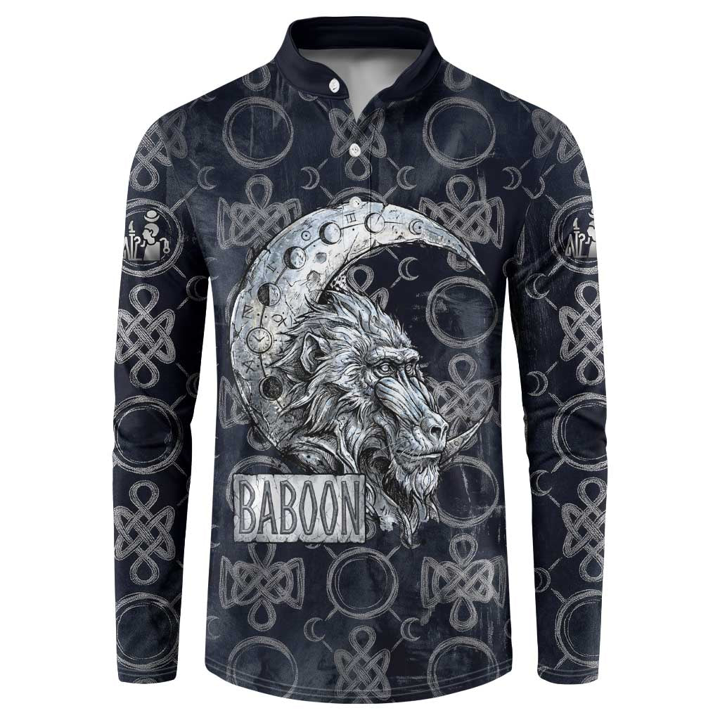 Khonsu Ancient Egyptian Button Sweatshirt with Dark Celtic Knot Pattern, Baboon Guardian Symbol, and Moon Healer Motif