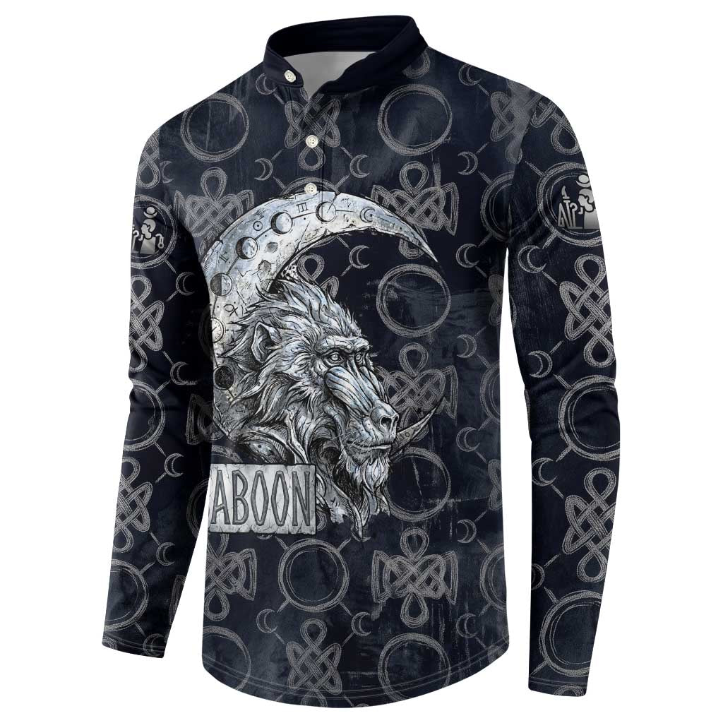 Khonsu Ancient Egyptian Button Sweatshirt with Dark Celtic Knot Pattern, Baboon Guardian Symbol, and Moon Healer Motif