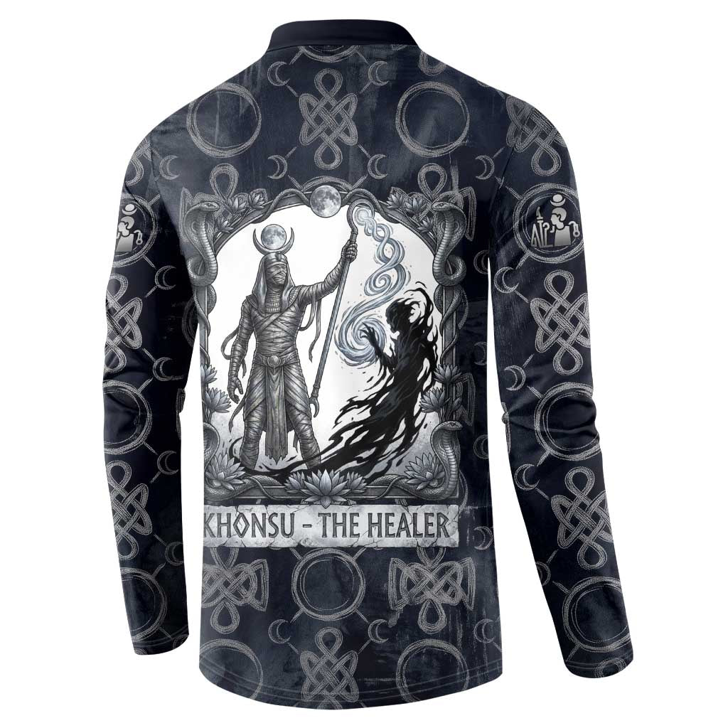 Khonsu Ancient Egyptian Button Sweatshirt with Dark Celtic Knot Pattern, Baboon Guardian Symbol, and Moon Healer Motif