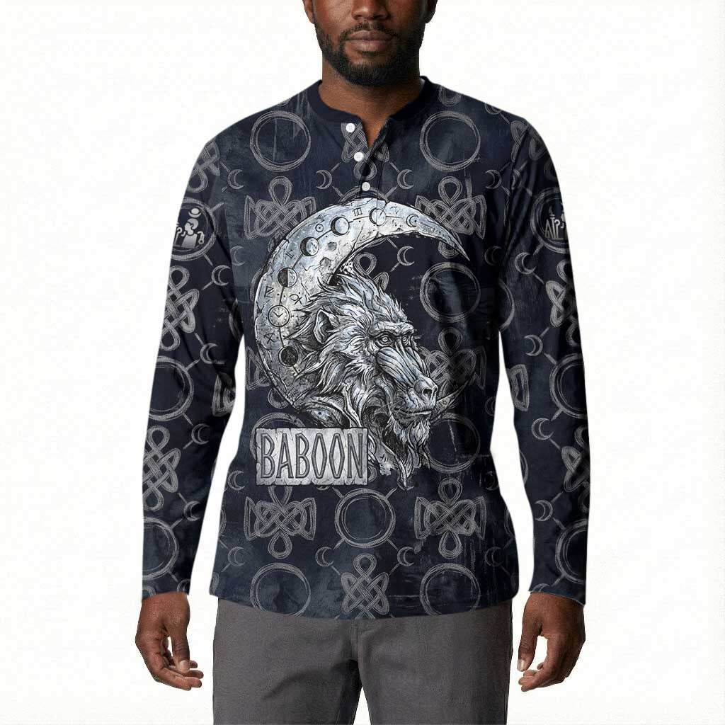 Khonsu Ancient Egyptian Button Sweatshirt with Dark Celtic Knot Pattern, Baboon Guardian Symbol, and Moon Healer Motif