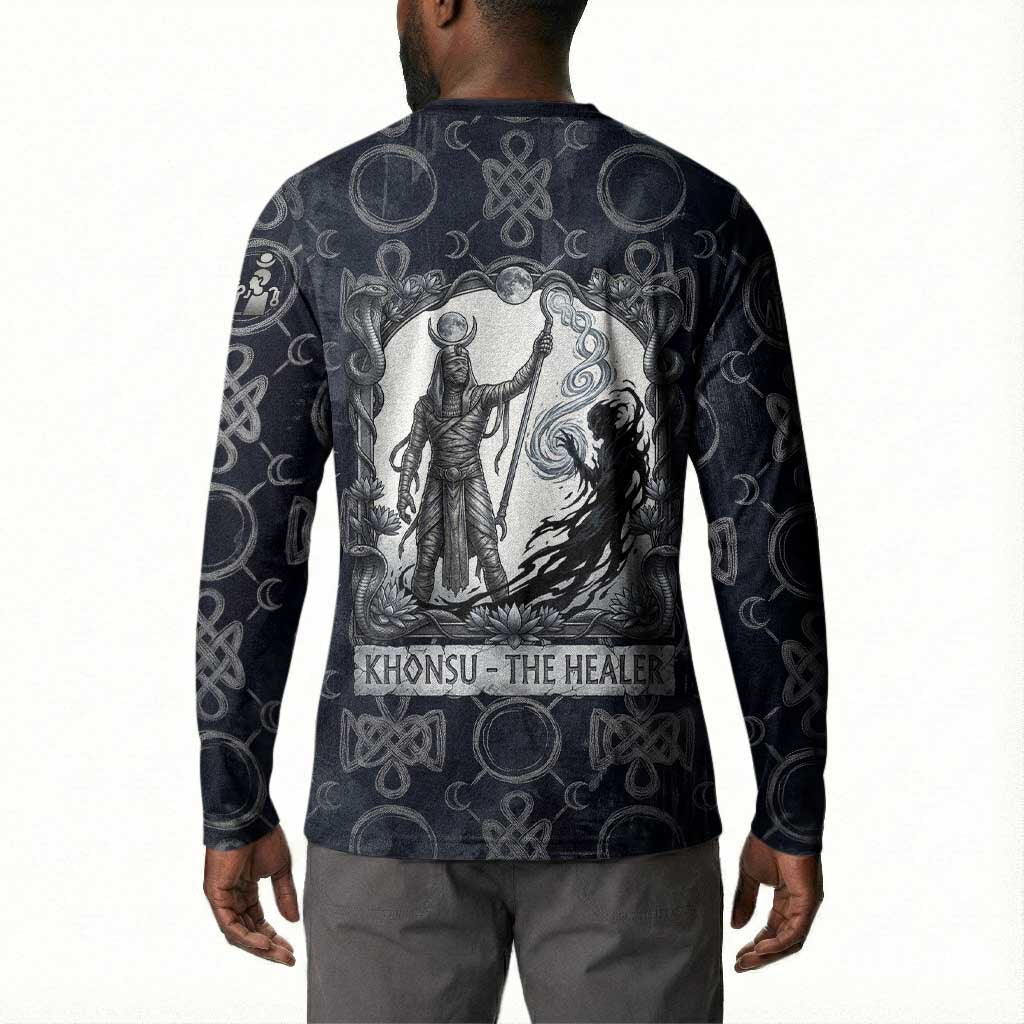Khonsu Ancient Egyptian Button Sweatshirt with Dark Celtic Knot Pattern, Baboon Guardian Symbol, and Moon Healer Motif