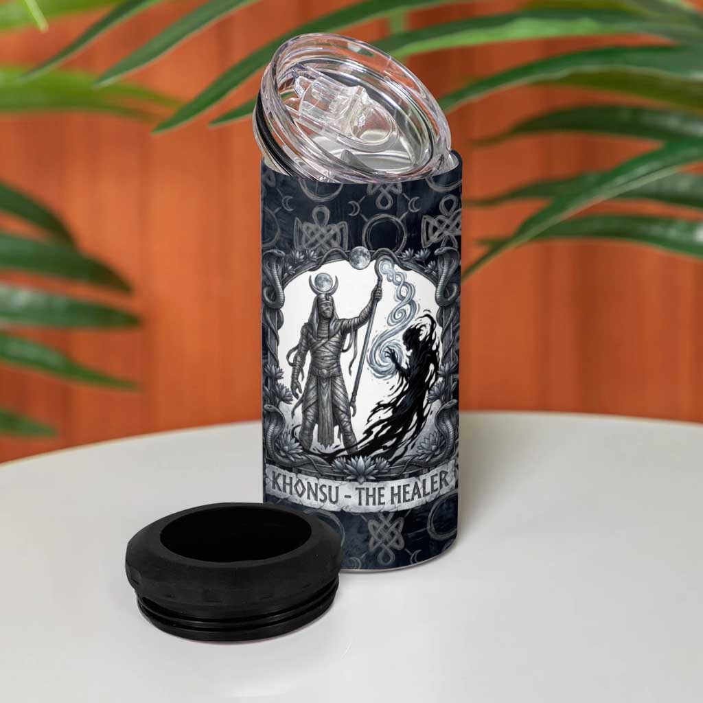 Khonsu Ancient Egyptian 4 in 1 Can Cooler Tumbler with Dark Celtic Knot Pattern, Baboon Guardian Symbol, and Moon Healer Motif - African Pride