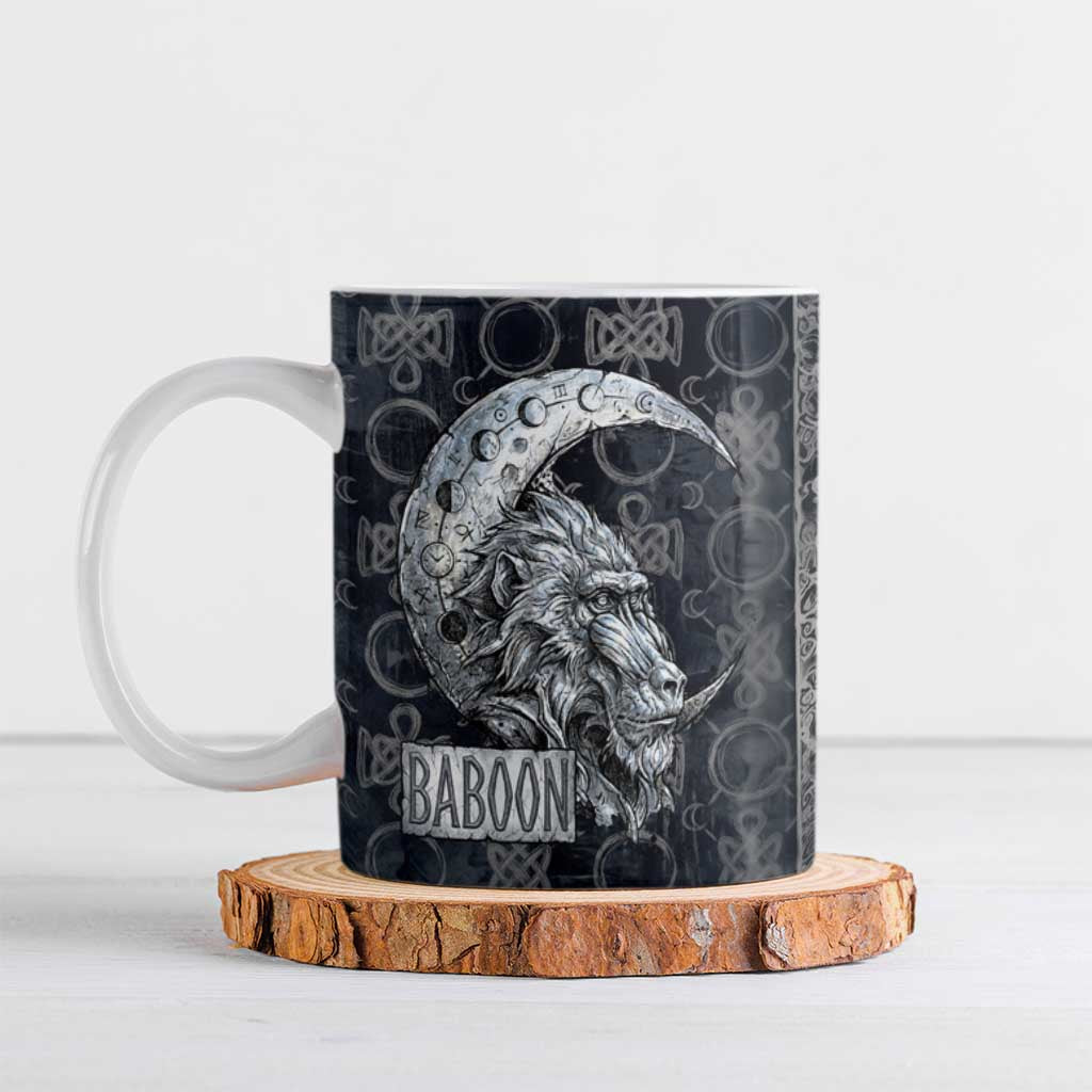 Khonsu Ancient Egyptian Ceramic Mug with Dark Celtic Knot Pattern, Baboon Guardian Symbol, and Moon Healer Motif - African Pride
