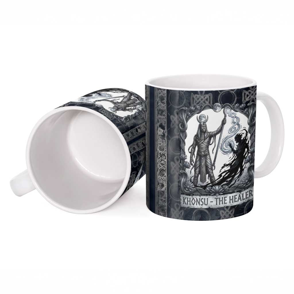 Khonsu Ancient Egyptian Ceramic Mug with Dark Celtic Knot Pattern, Baboon Guardian Symbol, and Moon Healer Motif - African Pride