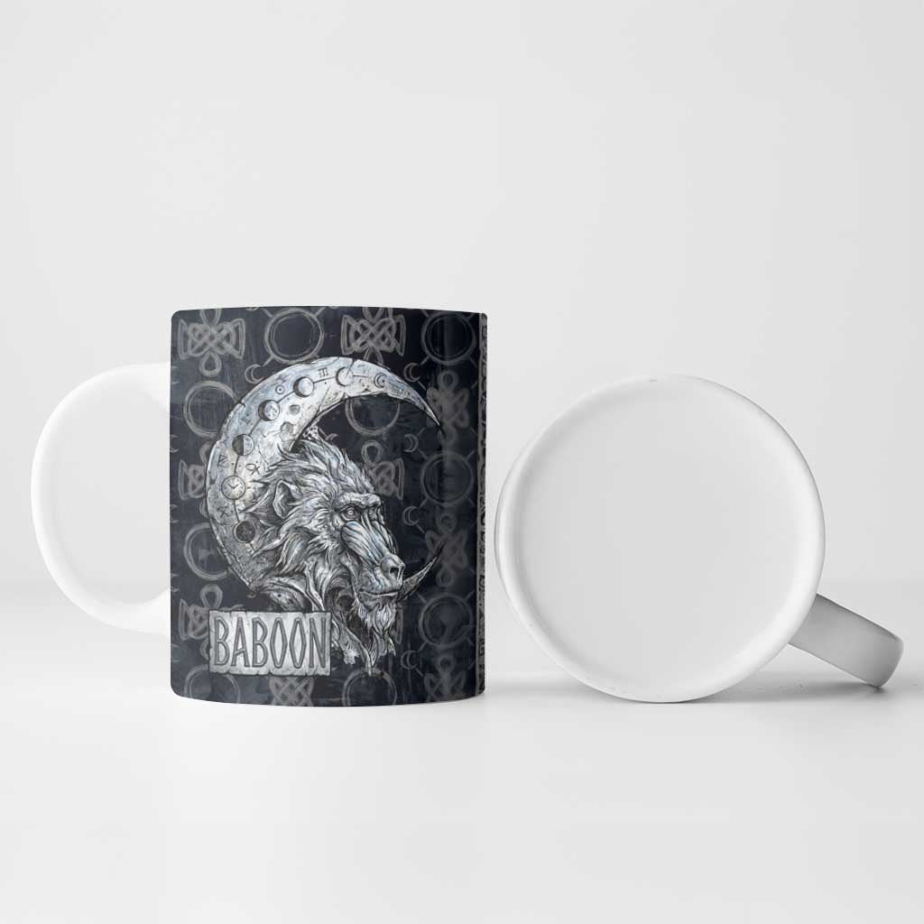 Khonsu Ancient Egyptian Ceramic Mug with Dark Celtic Knot Pattern, Baboon Guardian Symbol, and Moon Healer Motif - African Pride