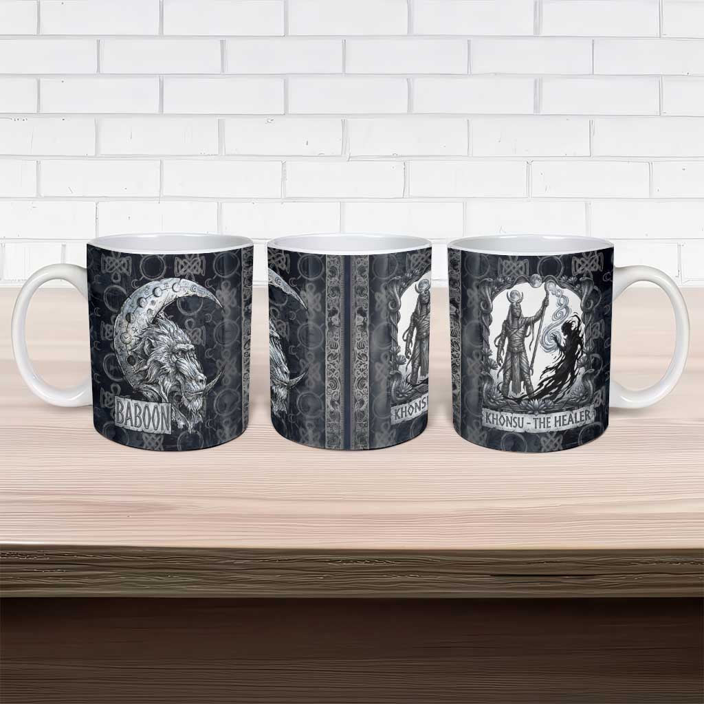 Khonsu Ancient Egyptian Ceramic Mug with Dark Celtic Knot Pattern, Baboon Guardian Symbol, and Moon Healer Motif - African Pride